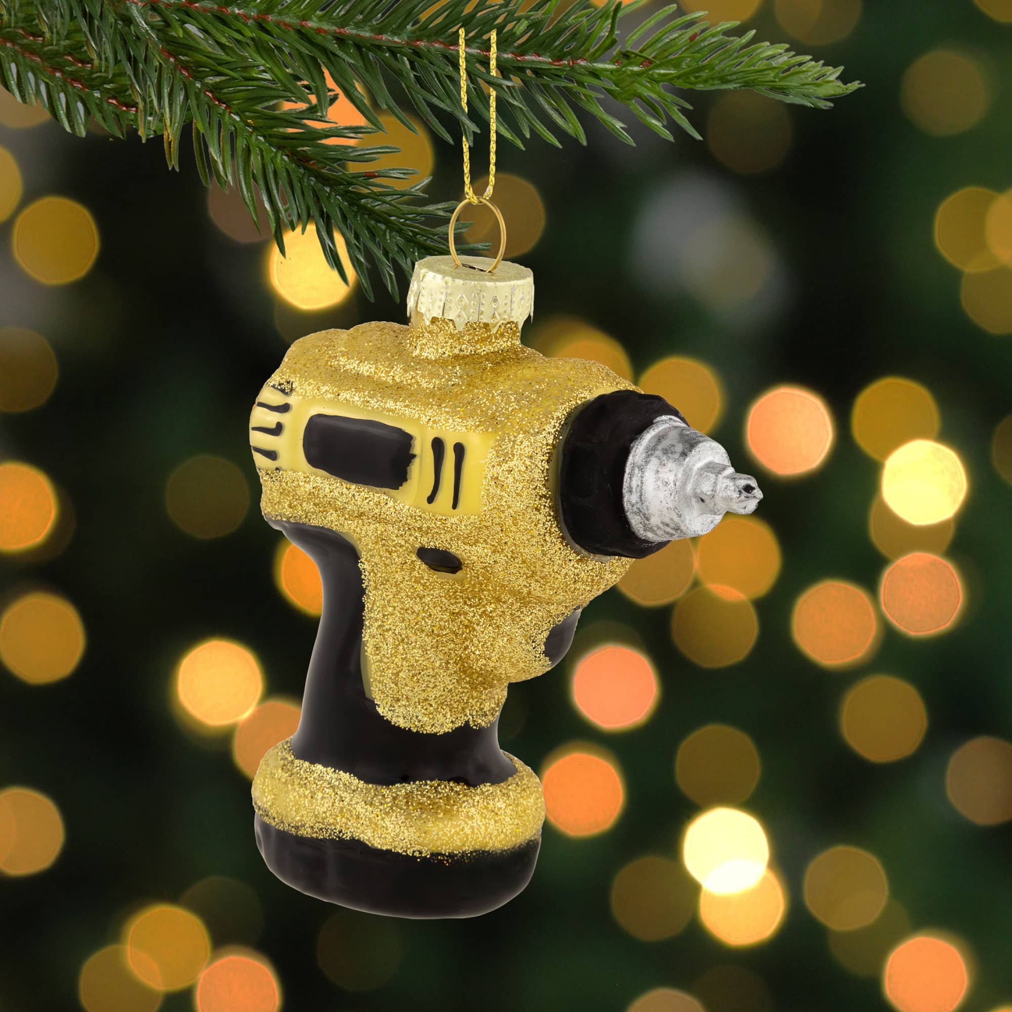 3.5" Yellow Power Drill Glass Christmas Ornament